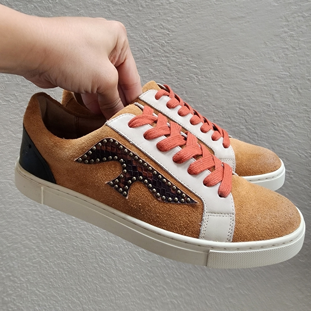 FRYE‎ Ivy Logo Patch Low Lace Up Leather Suede Sneakers, Women's Size 6.5